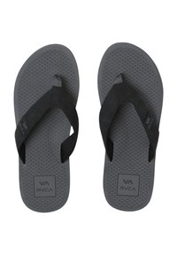 Black flip-flops with a textured gray rubber sole, featuring a thong strap design and a logo emblem on the side.