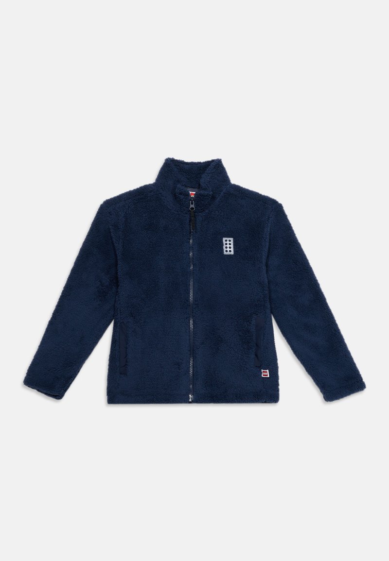 Veste polaire bleu marine avec fermeture éclair complète sur le devant, deux poches latérales et un petit logo rectangulaire avec des points sur la poitrine gauche.