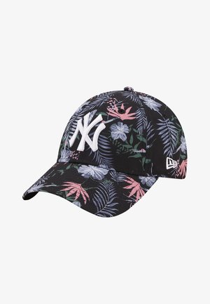 Black cap with floral pattern featuring pink and blue leaves. White "NY" logo in front. Curved brim and textured fabric.