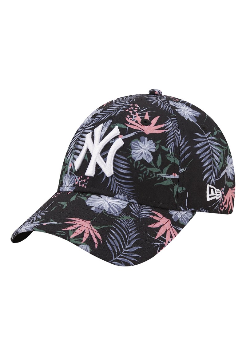 Schwarze Kappe mit floralem Muster, das pinke und blaue Blätter zeigt. Weißes "NY"-Logo vorne. Gekrümmter Schirm und strukturiertes Material.