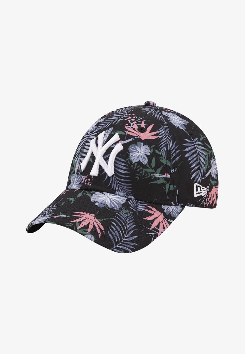 Schwarze Kappe mit floralem Muster, das pinke und blaue Blätter zeigt. Weißes "NY"-Logo vorne. Gekrümmter Schirm und strukturiertes Material.