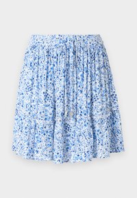 Lichtblauwe rok met een bloemen- en paisleyprint, geplooide elastische tailleband, gelaagde ruffles en trekkoordaccenten met metalen uiteinden.