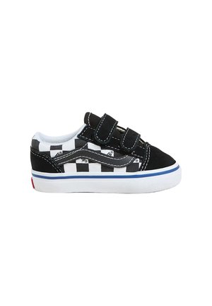 Sneaker basse in bianco e nero a scacchi con due cinturini in Velcro, superiore in tessuto, suola in gomma e intersuola bianca con accenti blu.