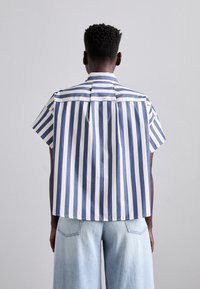 Striped shirt with short sleeves, featuring alternating blue and white vertical stripes, a classic collar, and a relaxed fit.