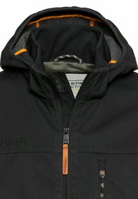 Black hooded jacket with a zip closure, orange accents, and textured inner lining. Features logo embroidery and leather zipper pull.