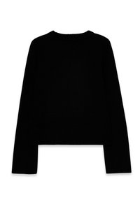 Zwarte cropped trui met lange mouwen, geribde halslijn en manchetten, een gladde textuur en een minimalistisch ontwerp. Geen zichtbare logo's of patronen.