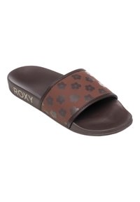 Brun slidesandal med en bred, blomstertrykt rem med sorte og hvide blomster. Struktureret sål med Roxy-mærkning på siden.