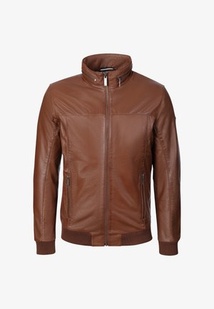 Brown leather jacket with stand-up collar, front zipper closure, zippered side pockets, and ribbed cuffs and hem.