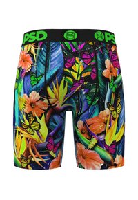 Herre boxer briefs med en svart linning som har "PSD"-logoen. Stoffet har et levende mønster med blomster og sommerfugler i klare farger.