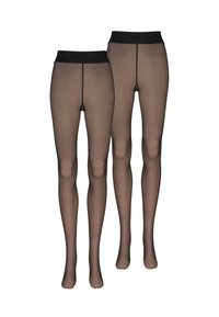 Schwarze, transparente Strumpfhose mit einem weichen Bund, die eine glatte Textur und verstärkte Zehenpartie aufweist. Für eine eng anliegende Passform entworfen. Zwei Paar enthalten.