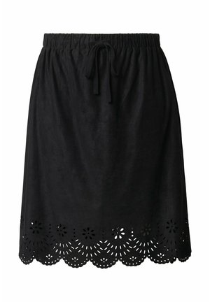 Schwarzer knieumspielter Rock mit elastischem Bund und Bindeband, versehen mit lasergravierten Blumenmustern und wellenförmigem Saum.