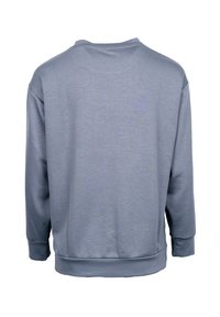 Szary pulower z zaokrąglonym dekoltem, długimi rękawami, ściągaczami na rękawach oraz ściągaczem w talii. Materiał wydaje się miękki i lekki.