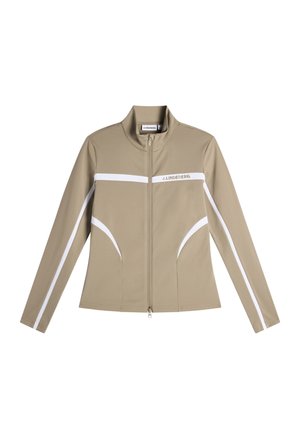 Giacca beige con cerniera integrale, strisce bianche sulle maniche e sul petto, con la scritta "J.Lindeberg" sul petto a sinistra, e collo alto.