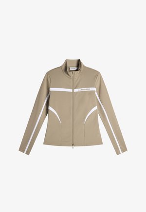 Giacca beige con cerniera integrale, strisce bianche sulle maniche e sul petto, con la scritta "J.Lindeberg" sul petto a sinistra, e collo alto.