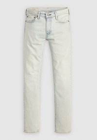 Jean slim en denim délavé clair avec fermeture avant par bouton et zip, passants de ceinture et design à cinq poches.