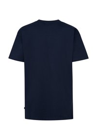 Námořnická modrá bavlněná tričko, krátké rukávy, kulatý výstřih, volný střih, minimalistický design bez viditelných vzorů nebo akcentů.