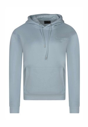 Haut à capuche bleu clair en tissu doux, avec poche kangourou, capuche à cordon de serrage et poignets côtelés. Présente un logo sur la poitrine.