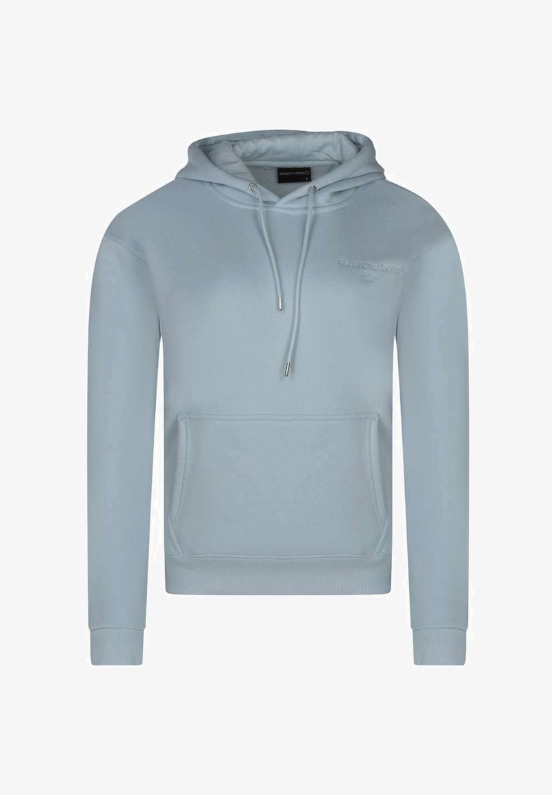 Haut à capuche bleu clair en tissu doux, avec poche kangourou, capuche à cordon de serrage et poignets côtelés. Présente un logo sur la poitrine.