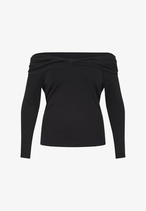 Čierny top bez ramienok vyrobený z rebrovanej tkaniny, s uzlom v oblasti hrude a dlhými rukávmi s priliehavými manžetami.