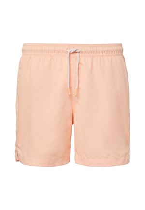 Shorts de bain couleur pêche en tissu synthétique lisse, dotés d'une taille élastique avec cordons de serrage et d'une coupe décontractée.