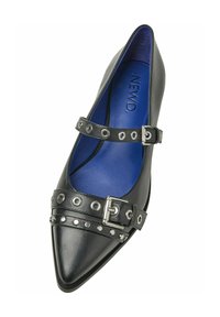 Black leather flat shoe with a pointed toe, featuring silver buckles and studded accents, and a blue inner lining.