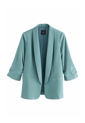 Blazer femme bleu sarcelle clair avec col châle, manches trois-quarts et deux poches fendues devant, présenté sur fond blanc.
