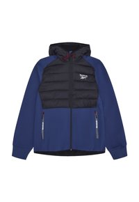 Granatowa kurtka z czarnym pikowanym przodem, kapturem, czerwonymi sznurkami i dwoma bocznymi kieszeniami na zamek. Posiada ściągacze na rękawach. Widoczne logo Reebok.