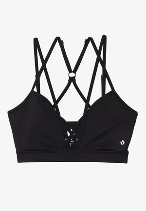 Black sports bra with a triangular design, crisscross back straps, textured fabric, and logo detail on the lower right side.