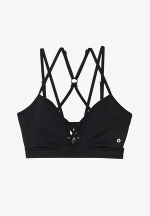 Sutien sport negru cu un design triangular, bretele încrucișate pe spate, material texturat și detalii cu logo în partea dreaptă jos.