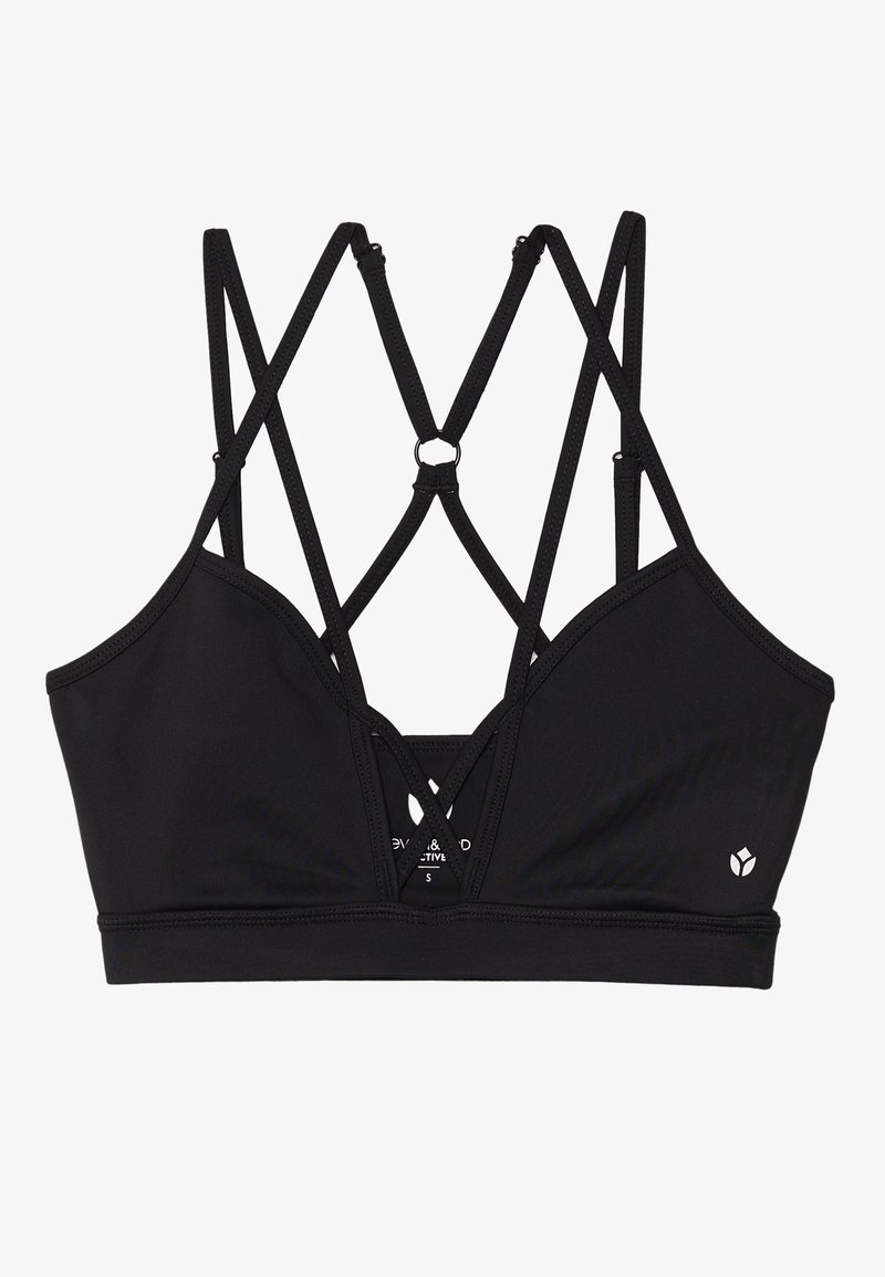 Melnā sporta krūšturis ar trīsstūrveida dizainu, krustveida muguras siksnām, reljefu audumu un logotipa detaļu apakšējā labajā malā.