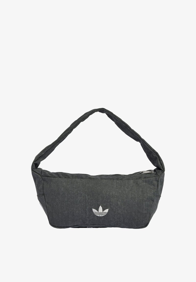 Ciemnoszara torba na ramię wykonana z teksturowanej tkaniny, z zamkiem błyskawicznym i wyszywanym logo z przodu. Długi, zakrzywiony pasek.