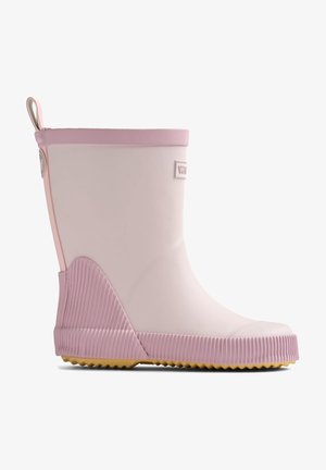 Botas de lluvia de goma impermeables en rosa y blanco con una suela ribeteada texturizada y un upper suave, con una lengüeta trasera para facilitar el calzado.