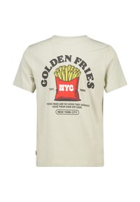 Light beige cotton t-shirt featuring a graphic of a red fry container with yellow fries and text: "GOLDEN FRIES NYC" and "NEW YORK CITY."