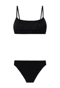 Conjunto de bikini negro texturizado con tirantes finos ajustables en la parte superior y braguita a la cadera a juego.