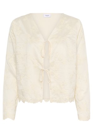 Elfenbeinfarbener Blazer mit floralen Stickereien, V-Ausschnitt, langen Ärmeln und Bindebandverschluss vorne. Mit gewelltem Saum und strukturiertem Stoff.
