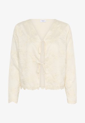 Elfenbeinfarbener Blazer mit floralen Stickereien, V-Ausschnitt, langen Ärmeln und Bindebandverschluss vorne. Mit gewelltem Saum und strukturiertem Stoff.