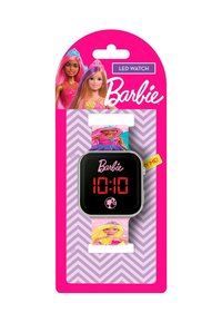 Orologio LED Barbie con quadrante nero quadrato, display digitale rosso e cinturino rosa con un motivo a fumetti e un design a zigzag.