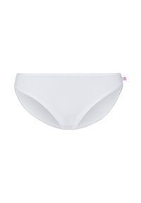Weißer Bikiniunterteil aus glattem Stoff. Verfügt über ein tief sitzendes Design, einen elastischen Bund und minimale Nähte. Geeignet für Badebekleidung.