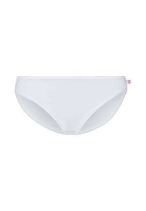 Weißer Bikiniunterteil aus glattem Stoff. Verfügt über ein tief sitzendes Design, einen elastischen Bund und minimale Nähte. Geeignet für Badebekleidung.