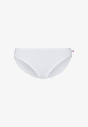 Weißer Bikiniunterteil aus glattem Stoff. Verfügt über ein tief sitzendes Design, einen elastischen Bund und minimale Nähte. Geeignet für Badebekleidung.