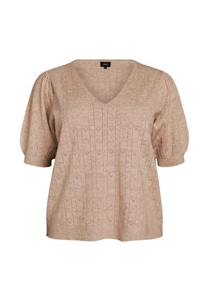 Zizzi, KURZÄRMELIGE BLUSE AUS STRICK MIT POINTELLE-MUSTER - Μπλουζάκι με στάμπα - beige