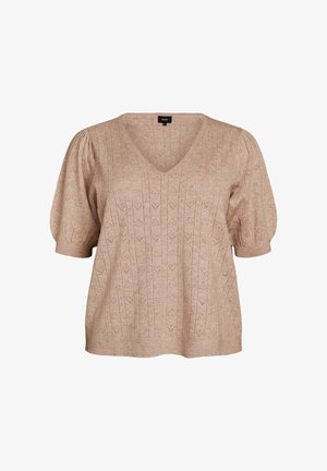 Zizzi, KURZÄRMELIGE BLUSE AUS STRICK MIT POINTELLE-MUSTER - Μπλουζάκι με στάμπα - beige