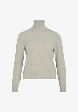 Svetlo šedý rolák vyrobený z mäkkej tkaniny, s dlhými rukávmi a rebrovaným golierom. Jednoduchý dizajn bez vzorov alebo akcentov.