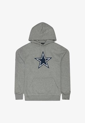 Grauer Kapuzenpullover mit einer Vorderseite Tasche, ausgestattet mit einem marineblauen Sternlogo auf der Brust. Weicher Stoff, gerippte Bündchen und Saum.