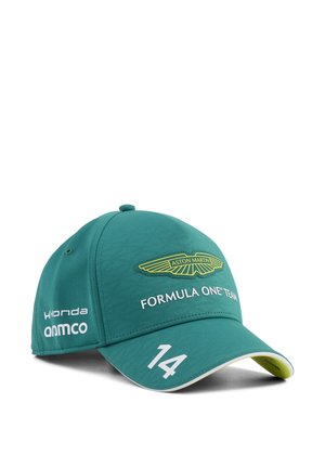 Türkisfarbene Aston Martin Formel-1-Team-Kappe mit Logos, „14“ am Schirm und Sponsorennamen Honda und AMCO an der Seite.
