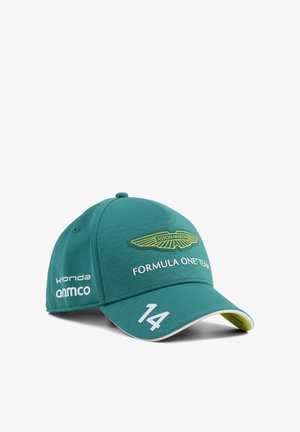 Turkusowa czapka zespołu Aston Martin Formula One z logo, numerem "14" na daszku oraz nazwami sponsorów Honda i AMCO z boku.