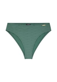 Žalias bikini apatinis trikotažas, pagamintas iš elastinės medžiagos su geometriniu raštu. Turintis aukštą juosmenį ir mažą auksinį logotipo akcentą.