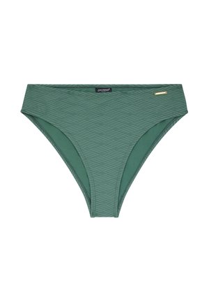 Bas de bikini vert en tissu extensible avec un motif géométrique. Présente une taille haute et un petit logo doré en accent.