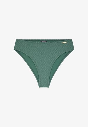 Bas de bikini vert en tissu extensible avec un motif géométrique. Présente une taille haute et un petit logo doré en accent.