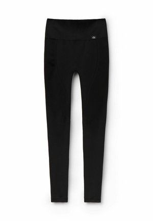 Black leggings with a smooth texture, high waistband, and fitted design. Features subtle seaming details along the legs.
